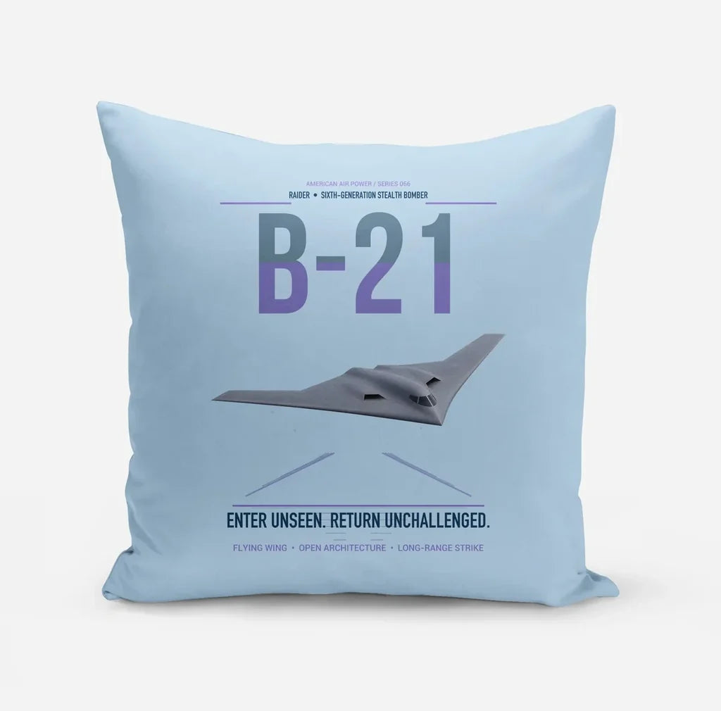 B-21 Raider design on light blue pillow