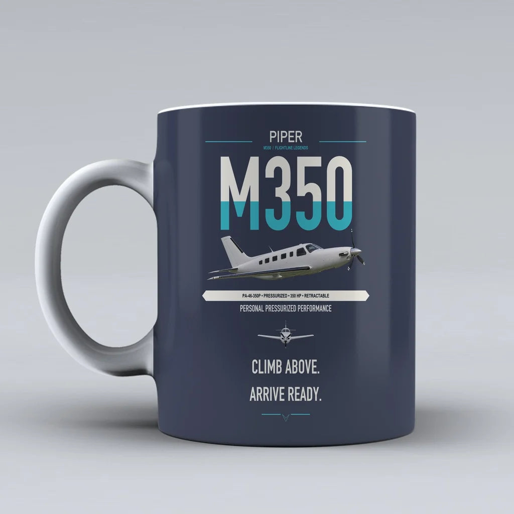 Piper M350 design on dark blue ceramic mug, double-side print