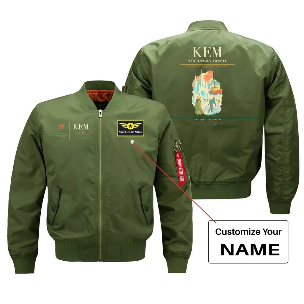 Kemi-Tornio Airport (KEM) design on green bomber jacket with custom name patch