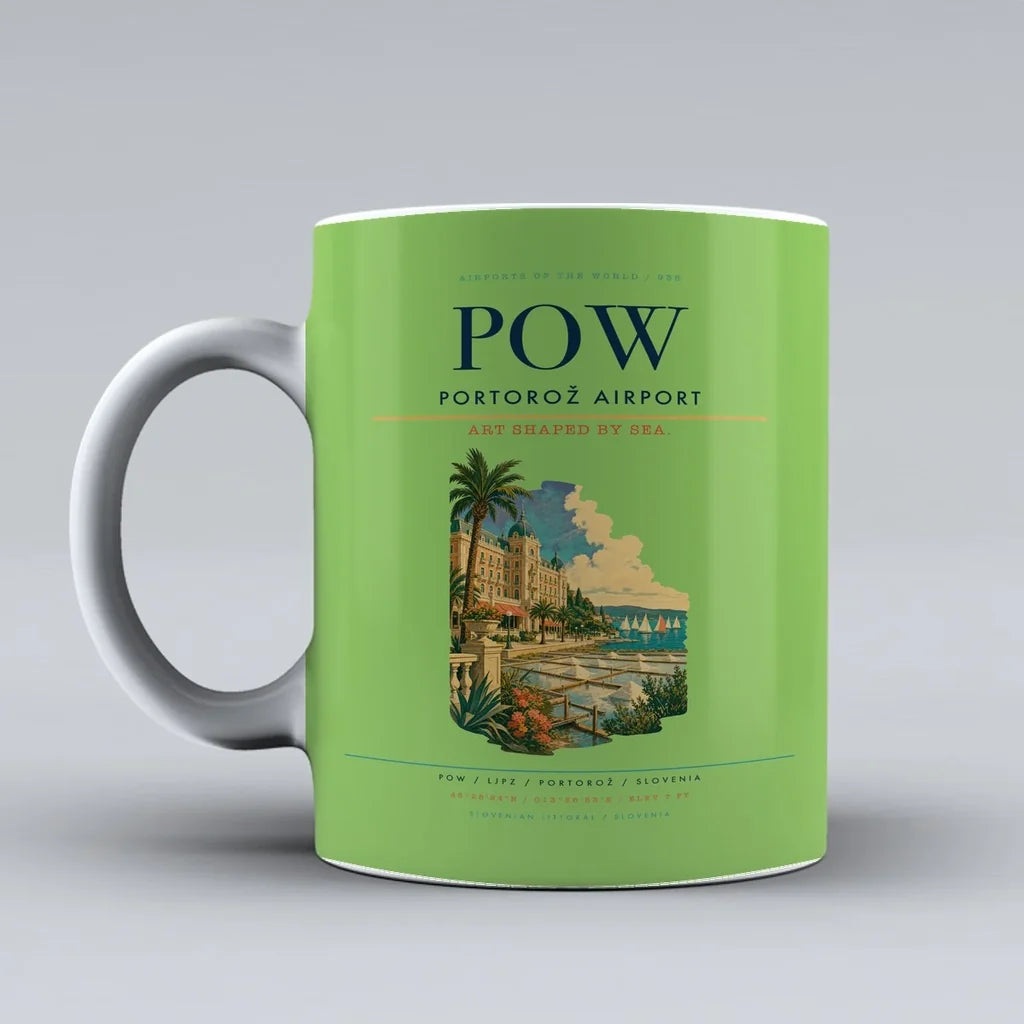 Portorož Airport (POW) airport code design on light green ceramic mug