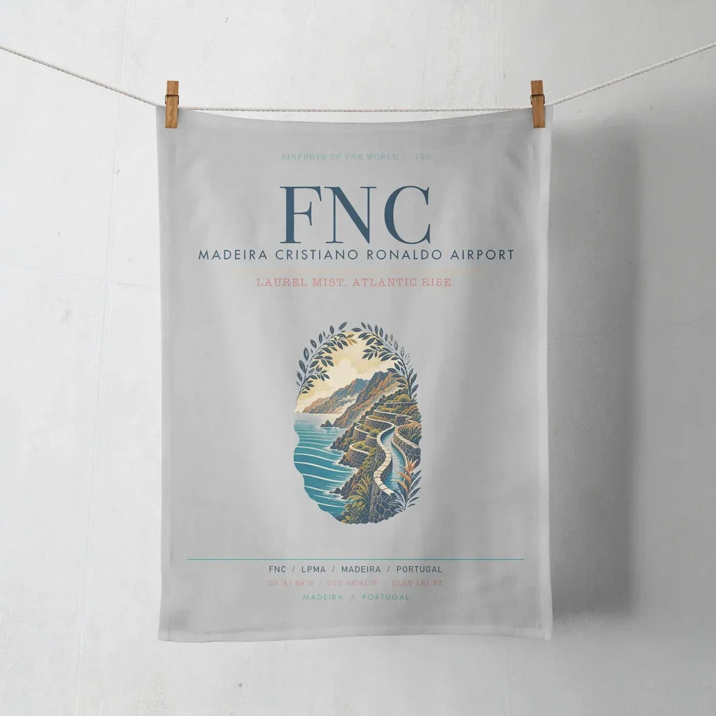 Madeira Cristiano Ronaldo Airport (FNC) design on light gray towel