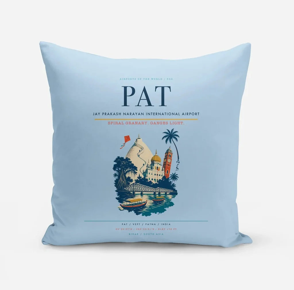 Jay Prakash Narayan International Airport (PAT) design on light blue pillow