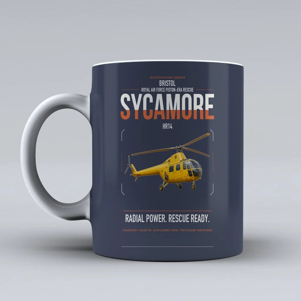 Bristol Sycamore HR14 design on dark blue ceramic mug, double-side print