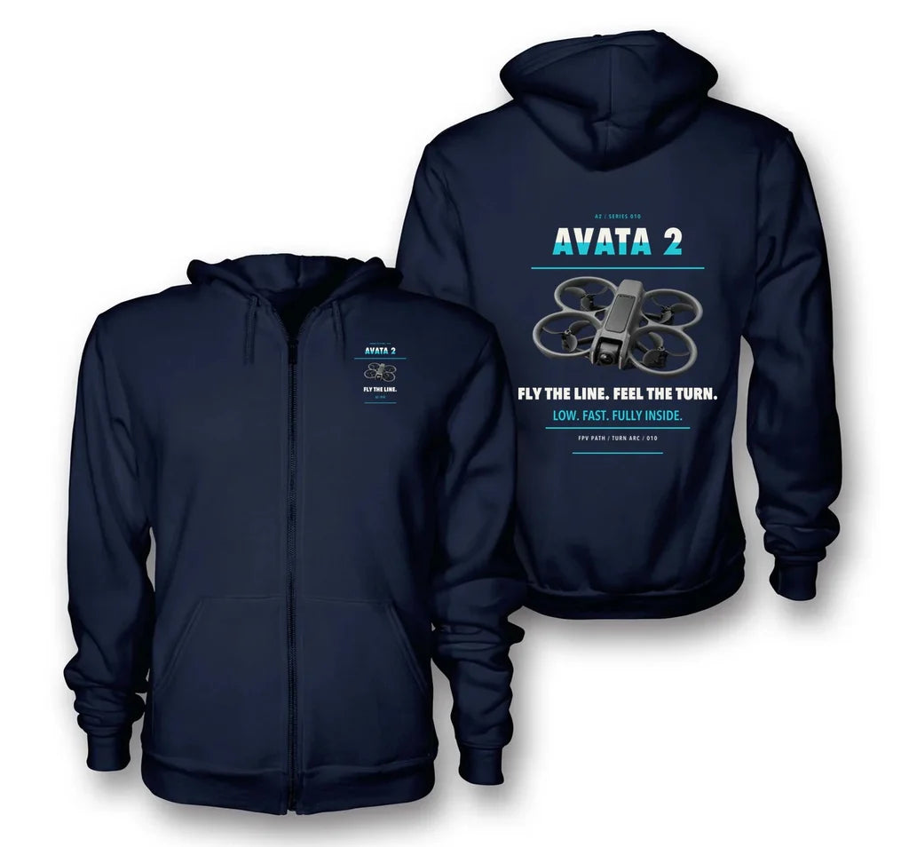 DJI Avata 2 design on navy blue zipped hoodie