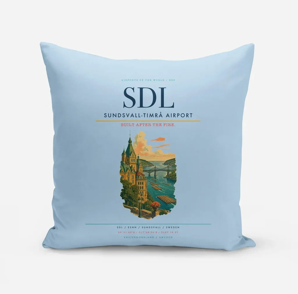 Sundsvall-Timrå Airport (SDL) design on light blue pillow