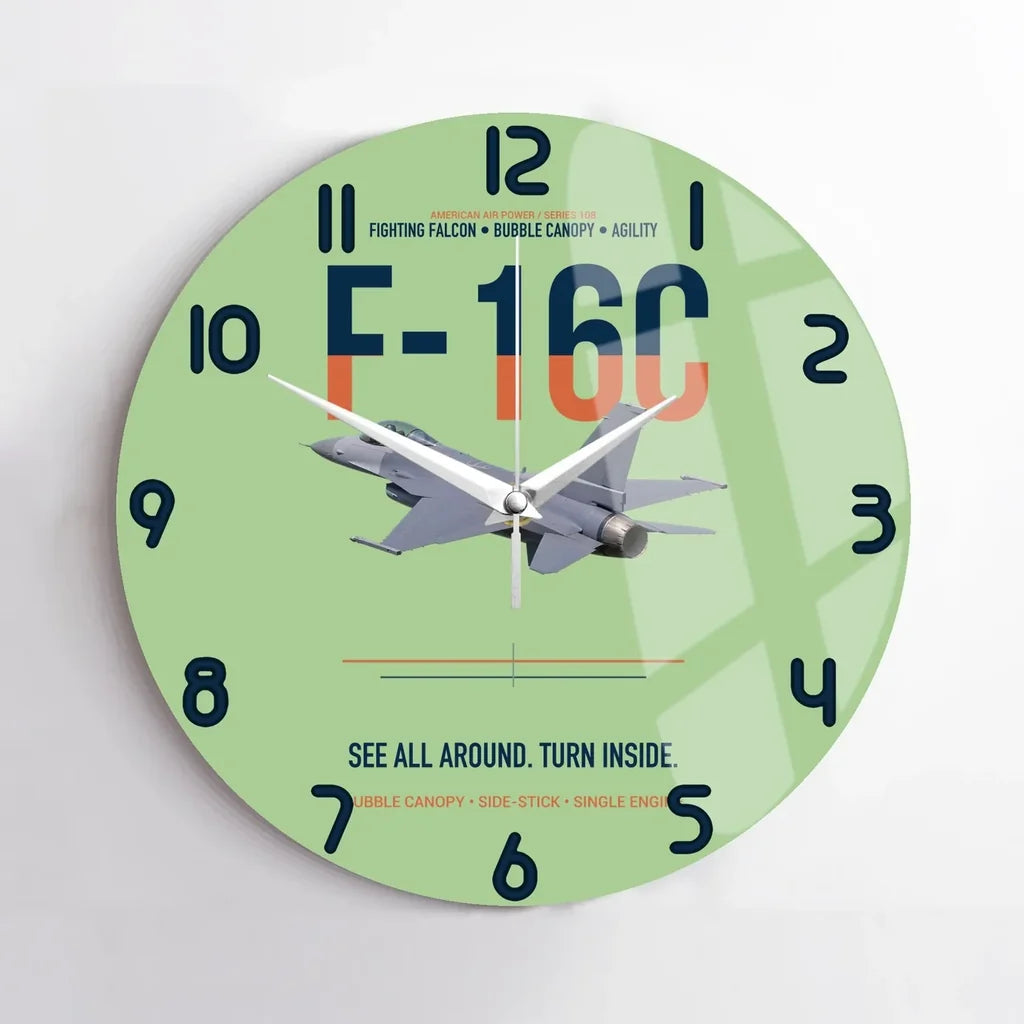 F-16C Fighting Falcon See All Around Turn Inside design on light green no frame wall clock