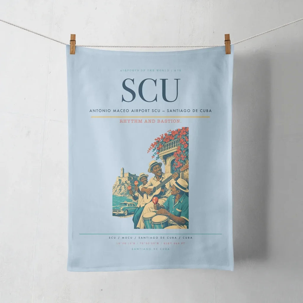Antonio Maceo Airport (SCU) design on light blue towel