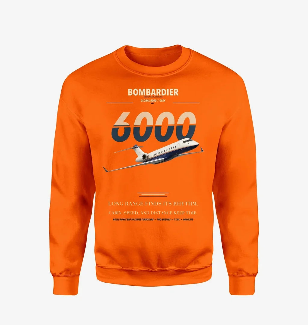 Bombardier Global 6000 design on orange sweatshirt