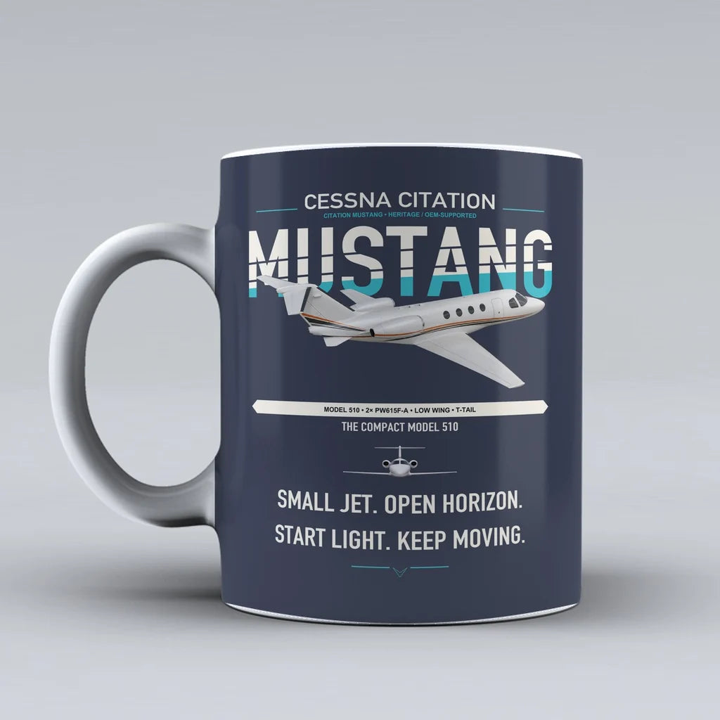 Cessna Citation Mustang design on dark blue ceramic mug, double-side print