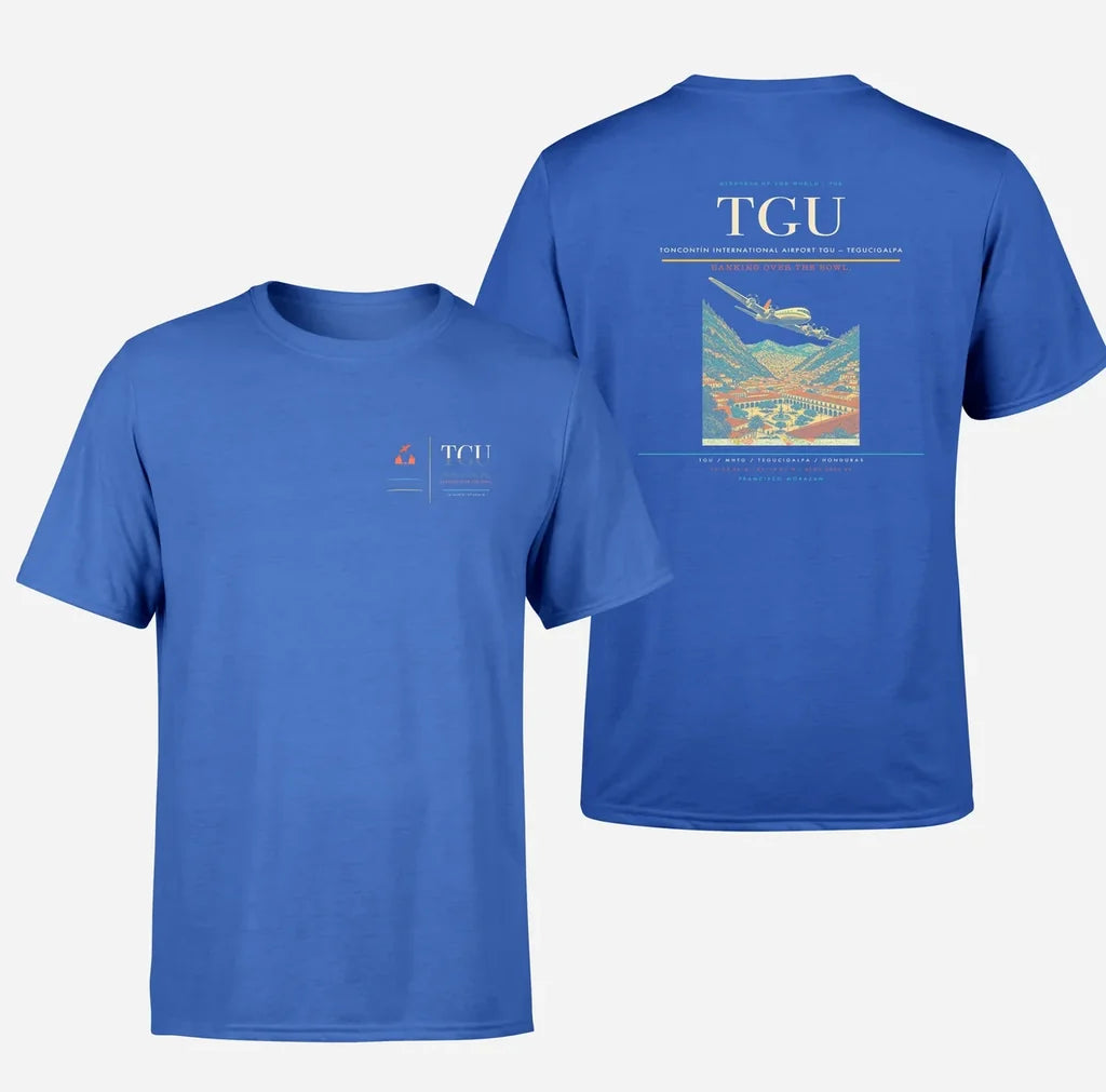 Toncontín International Airport (TGU) design printed on blue double-side t-shirt