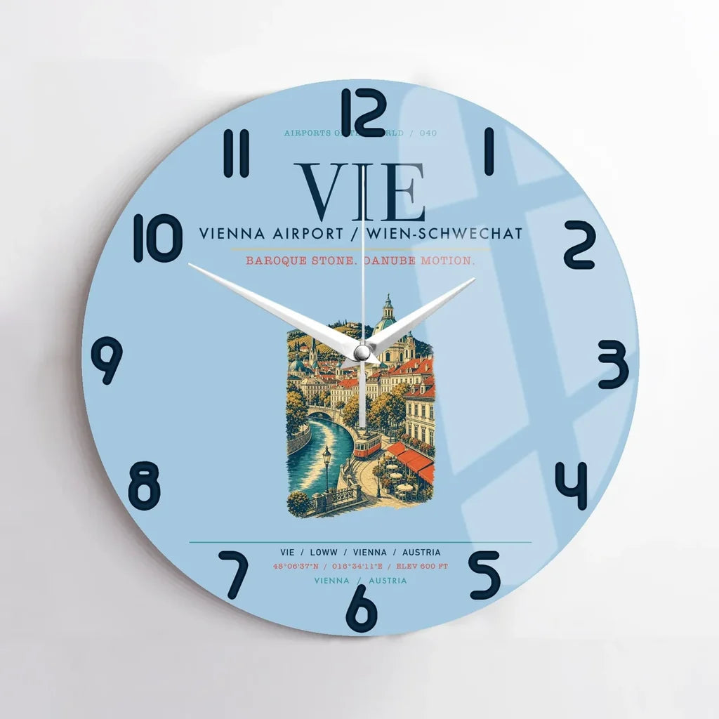 Vienna Airport (VIE) design on light blue no frame wall clock