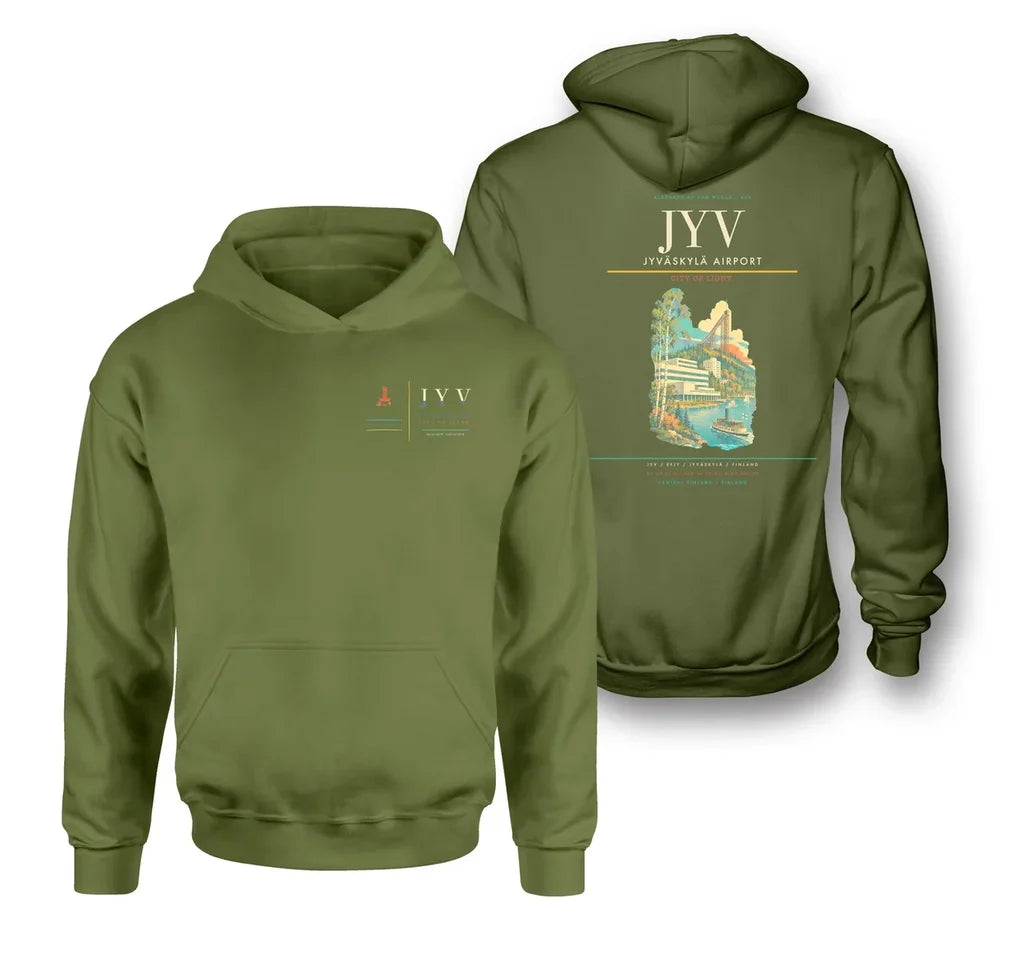 Jyväskylä Airport (JYV) design on green army double-side hoodie