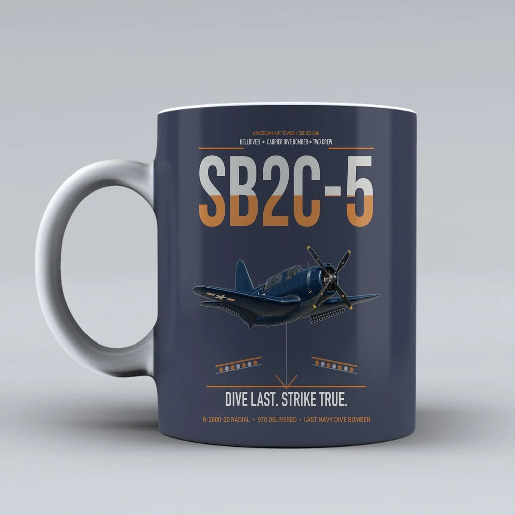 SB2C-5 Helldiver design on dark blue ceramic mug, double-side print