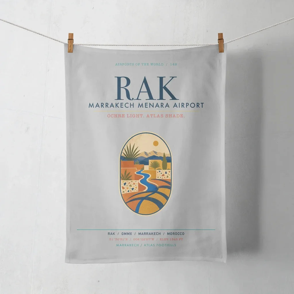 Marrakech Menara Airport (RAK) design on light gray towel