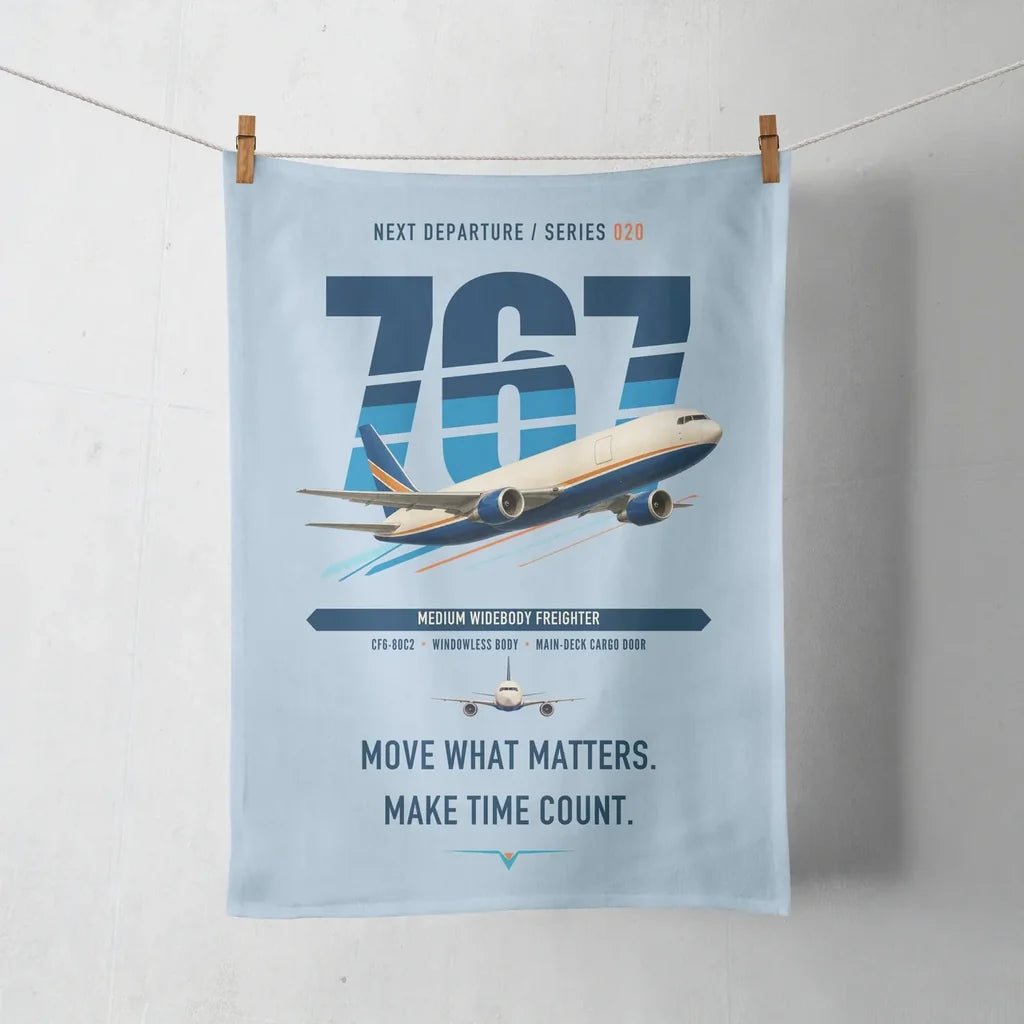 Boeing 767-300F design on light blue towel