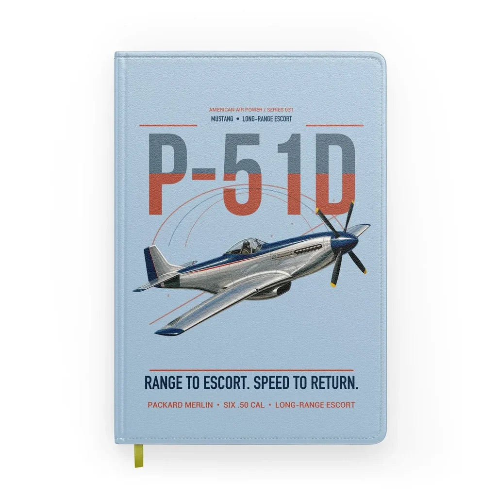 P-51D Mustang design on light blue notebook