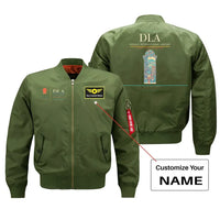 Thumbnail for Douala International Airport (DLA) design on green bomber jacket with custom name patch