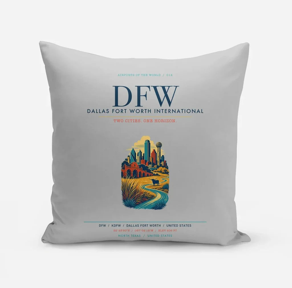 Dallas Fort Worth International Airport (DFW) design on light gray pillow