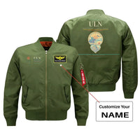 Thumbnail for Chinggis Khaan International Airport (ULN) design on green bomber jacket with custom name patch
