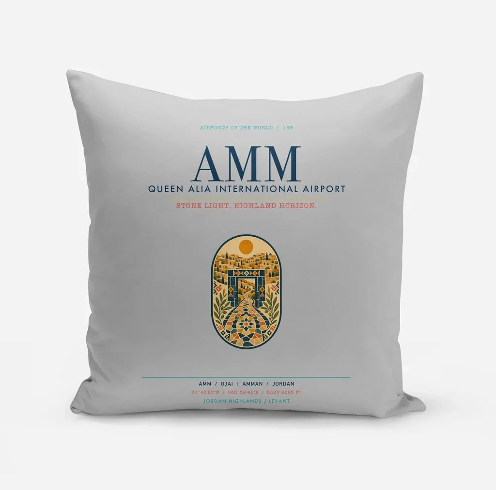 Queen Alia International Airport (AMM) design on light gray pillow