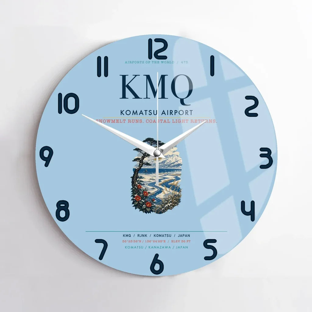 Komatsu Airport (KMQ) design on light blue no frame wall clock