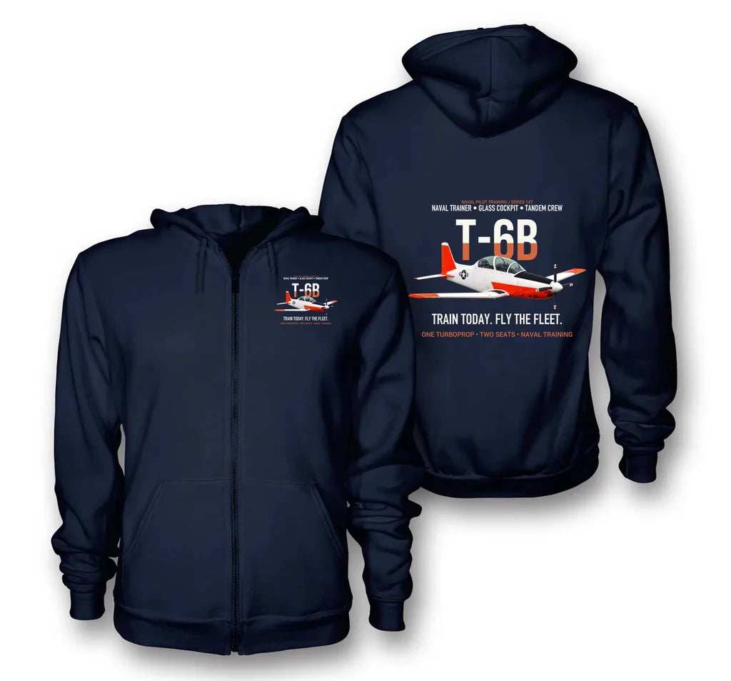T-6B TEXAN II design on navy blue zipped hoodie