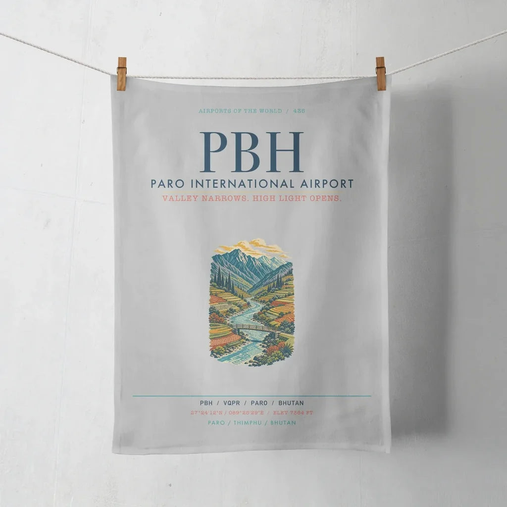 Paro International Airport (PBH) design on light gray towel