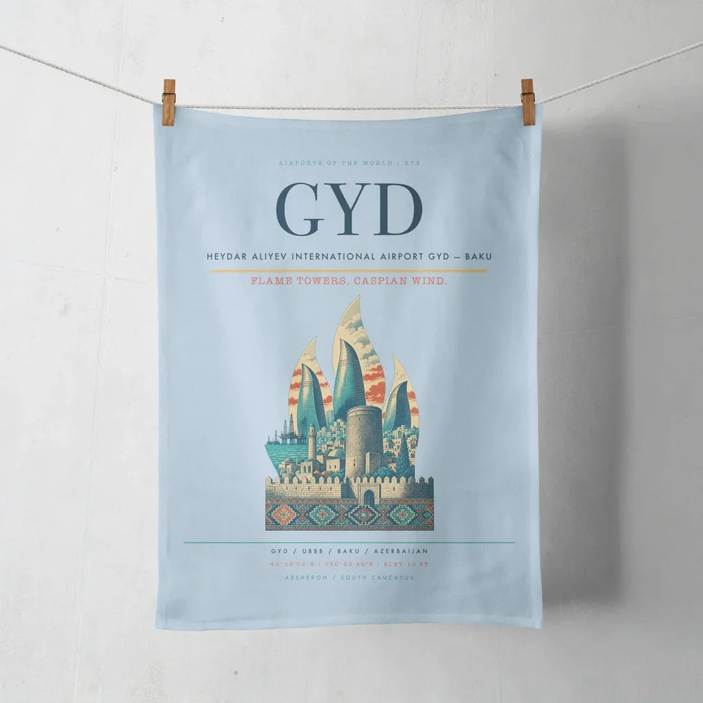 Heydar Aliyev International Airport (GYD) design on light blue towel