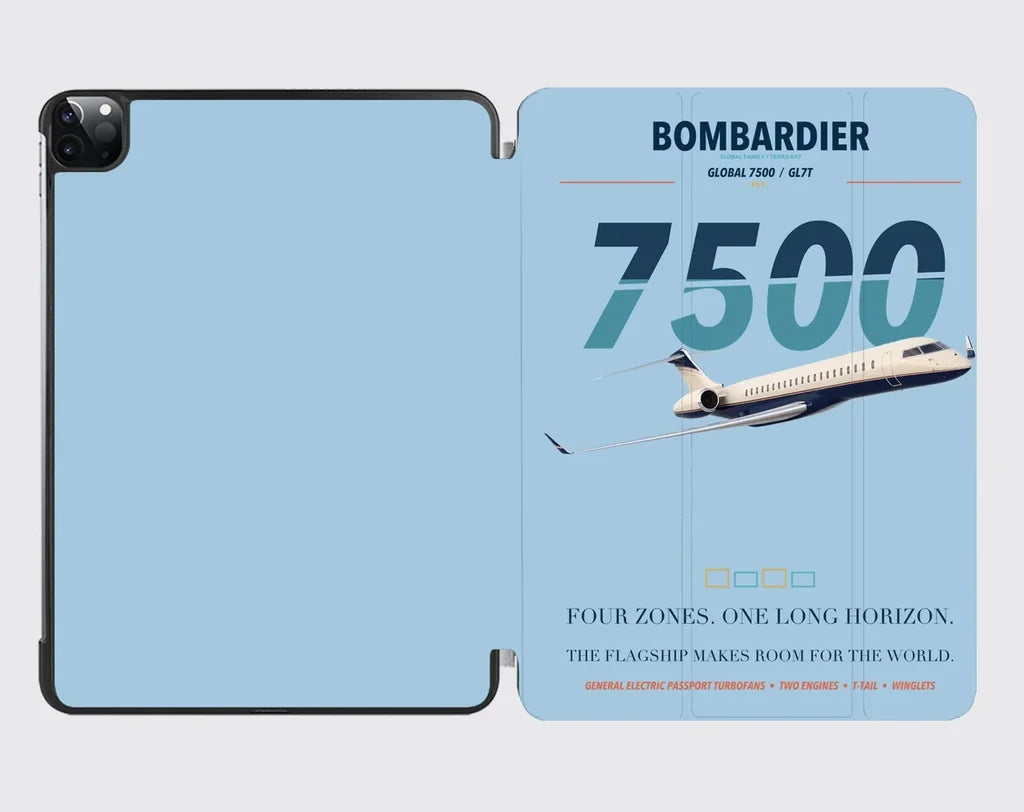 Bombardier Global 7500 design on light blue ipad tablet case