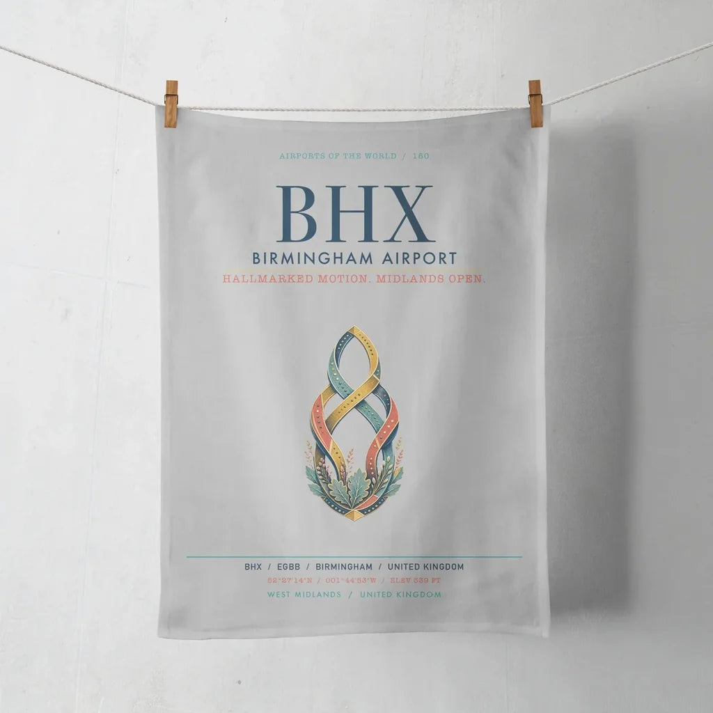 Birmingham Airport (BHX) design on light gray towel