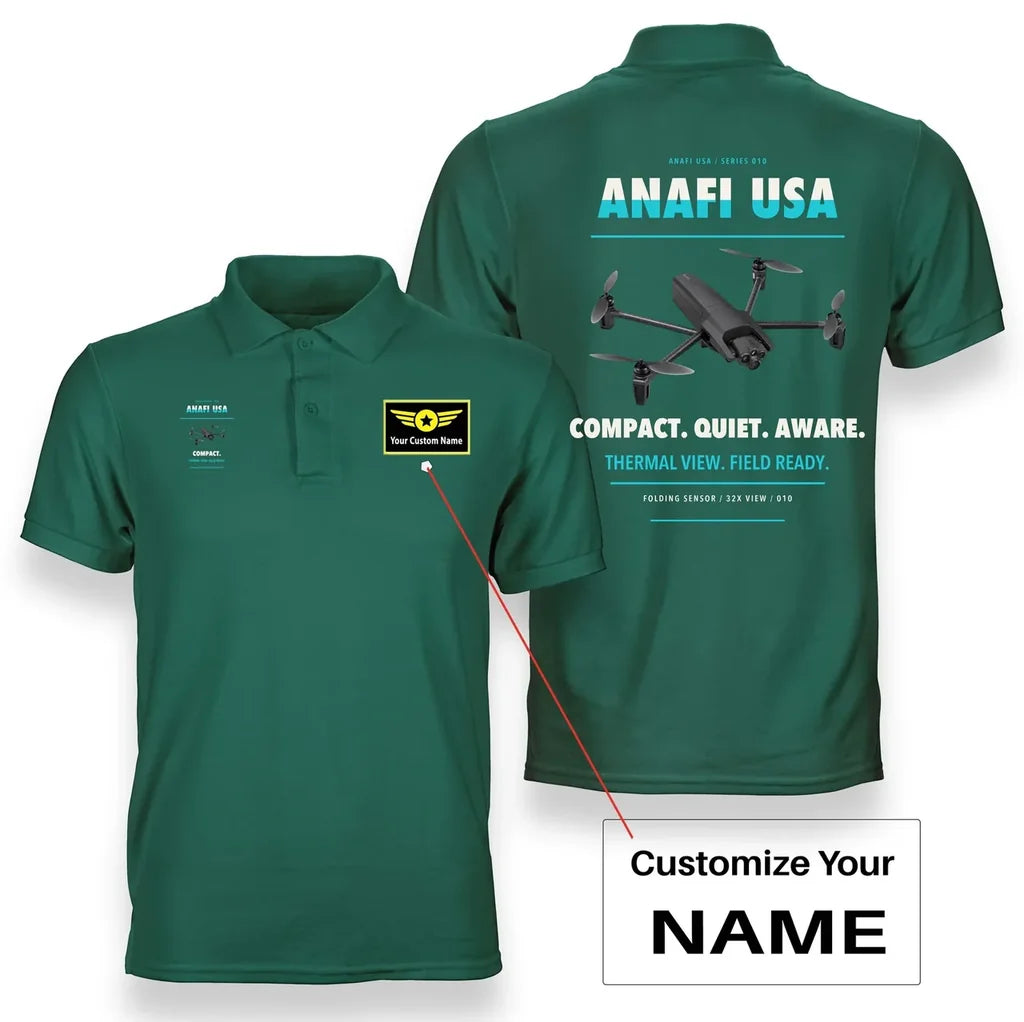 Parrot ANAFI USA design on green polo with custom name badge