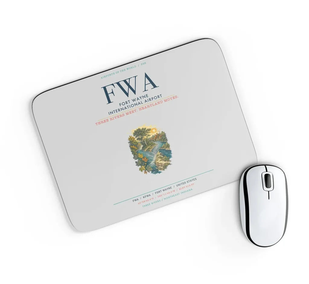 Fort Wayne International Airport (FWA) design on light gray rectangle mouse pad