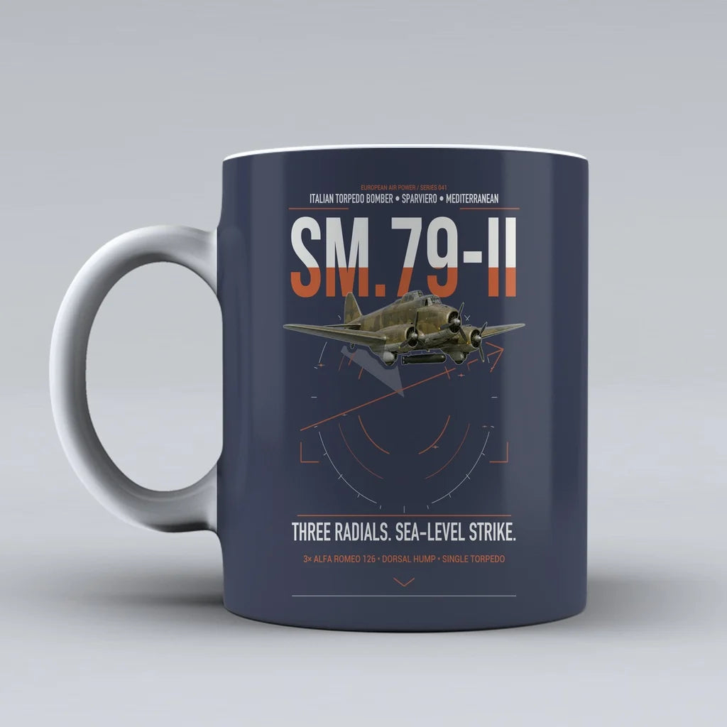 Savoia-Marchetti SM.79-II Sparviero design on dark blue ceramic mug, double-side print