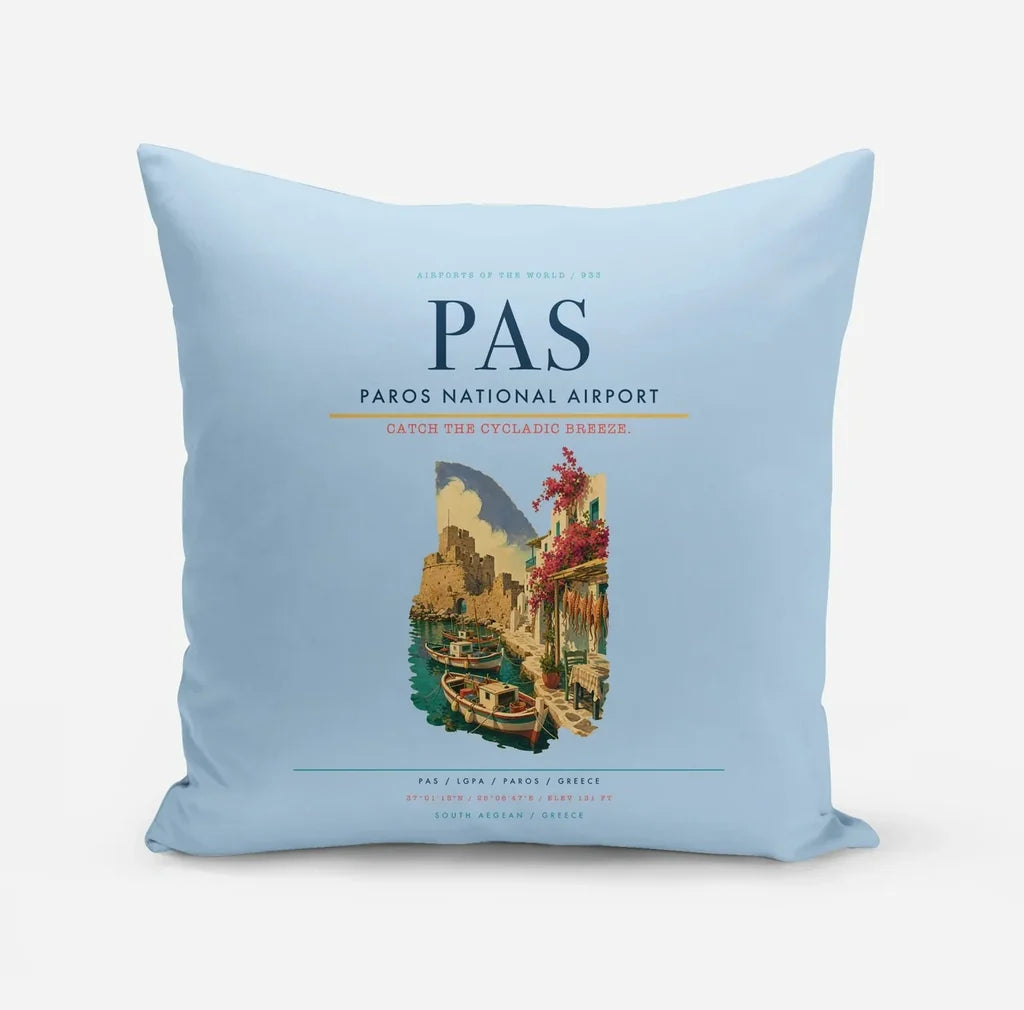 Paros National Airport (PAS) design on light blue pillow
