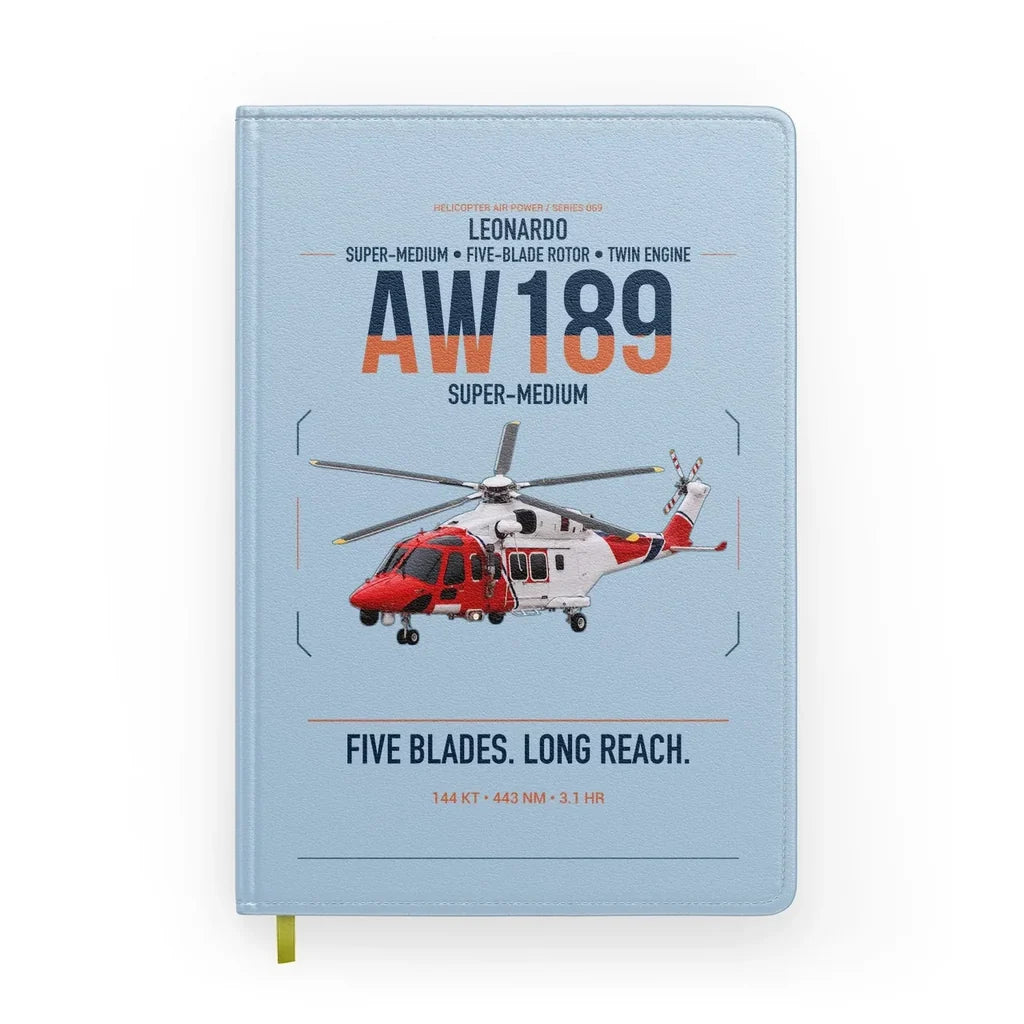 Leonardo AW189 design on light blue notebook