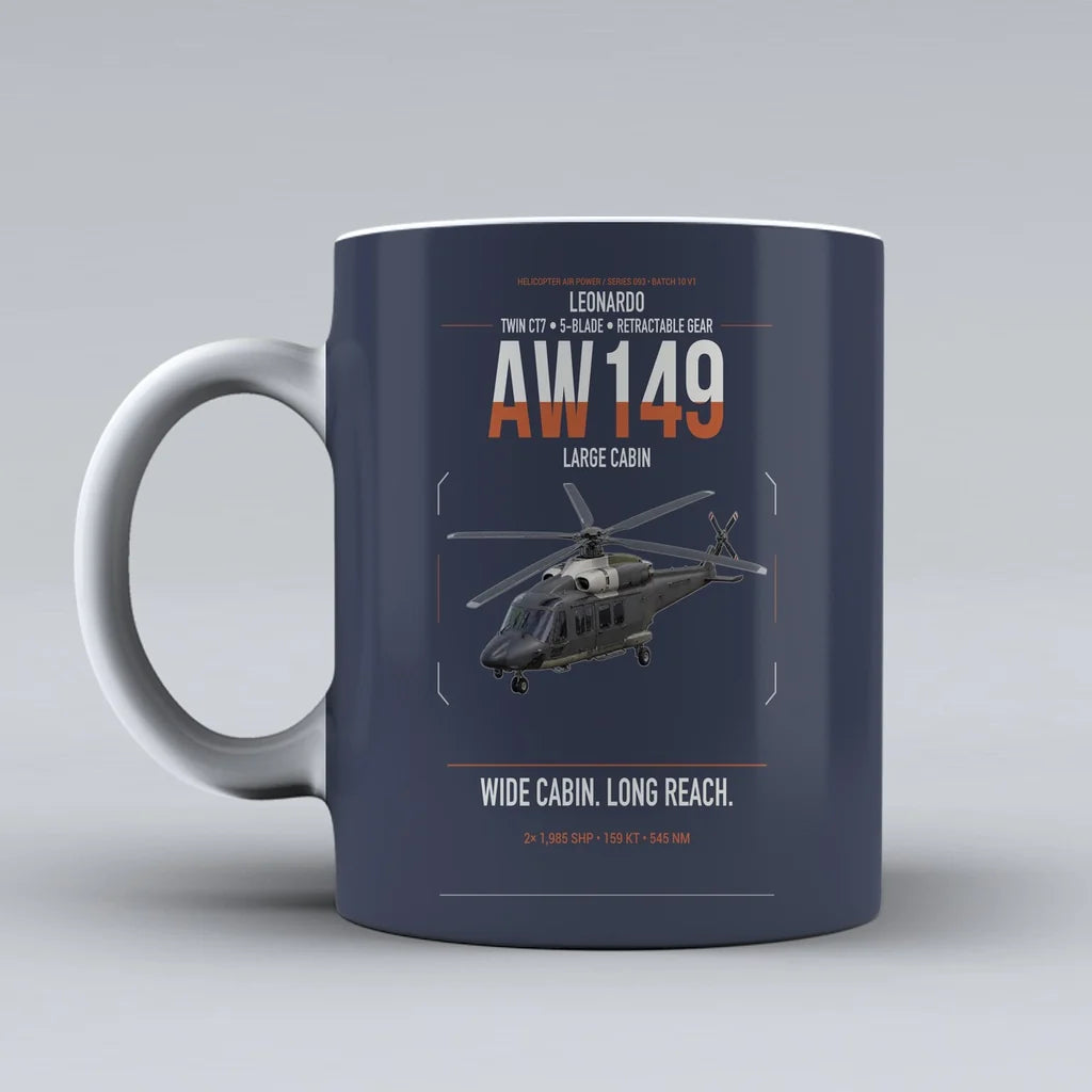 Leonardo AW149 design on dark blue ceramic mug, double-side print