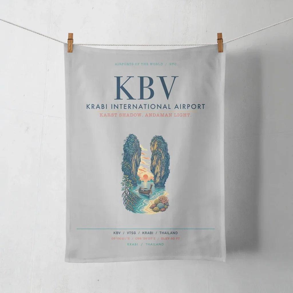 Krabi International Airport (KBV) design on light gray towel