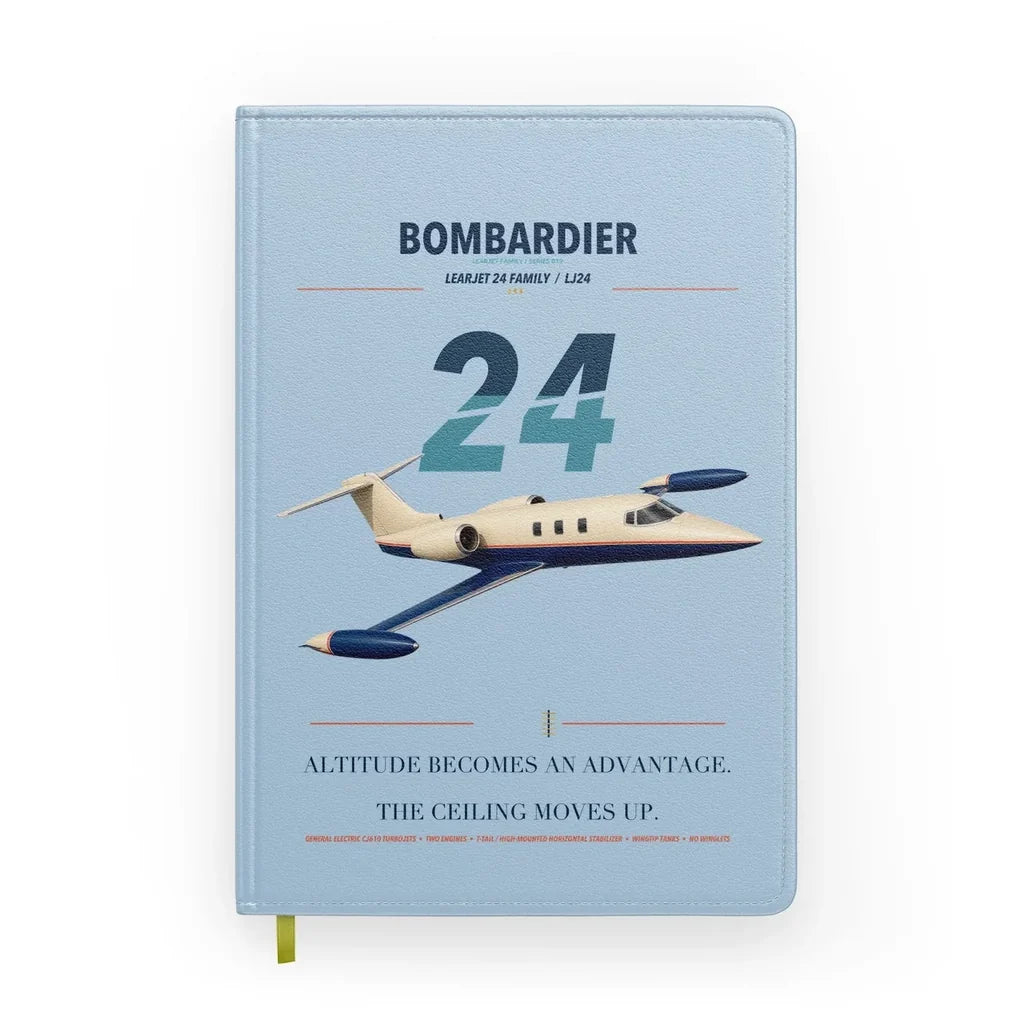 Bombardier Learjet 24 design on light blue notebook