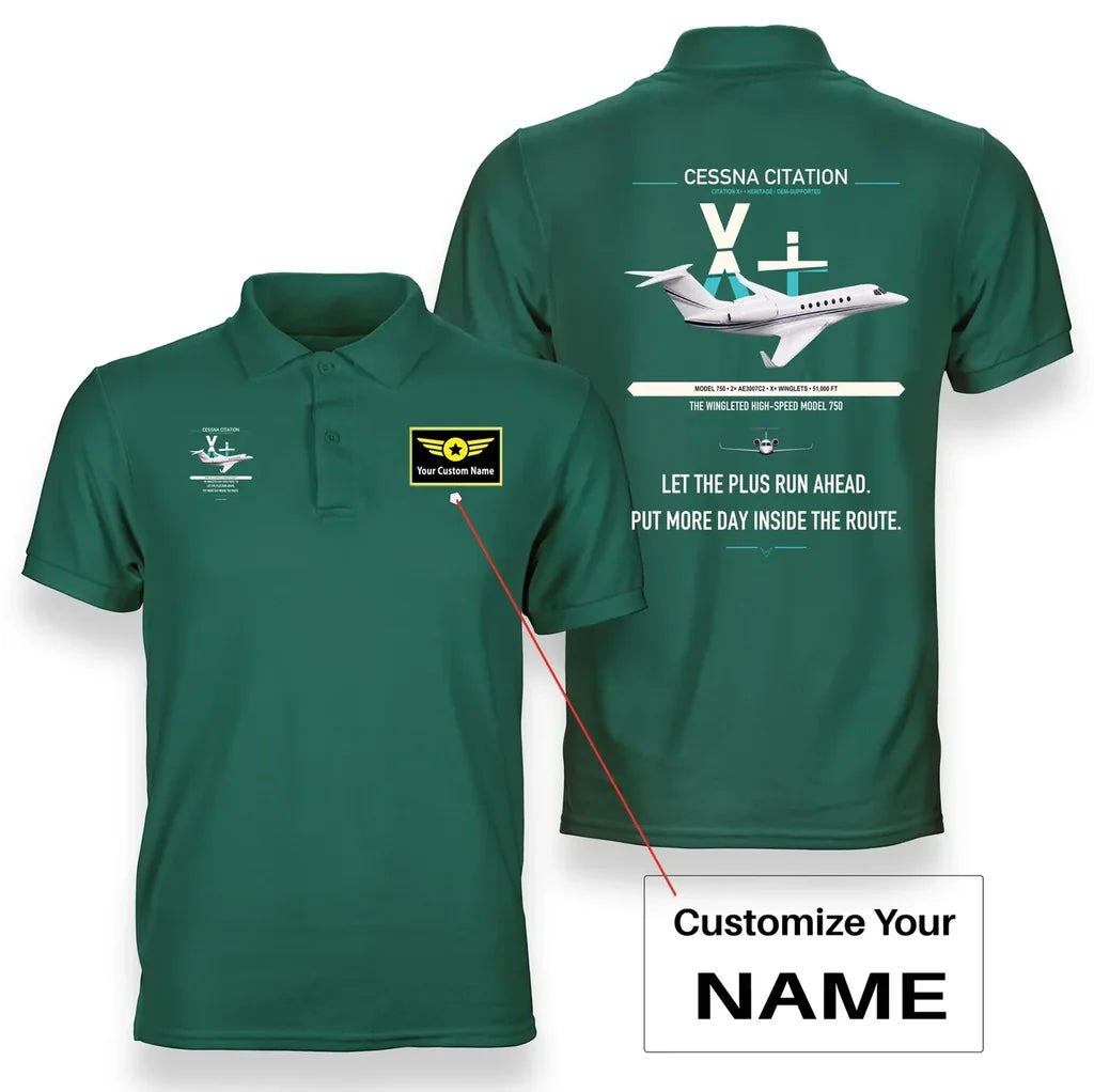 Cessna Citation X+ design on green+name double-side polo t-shirt, double-side print