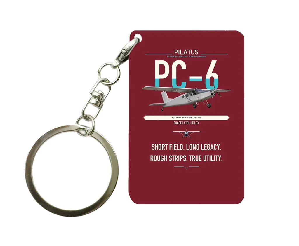 Pilatus PC-6 Porter design on dark red designed key chain, double-side print