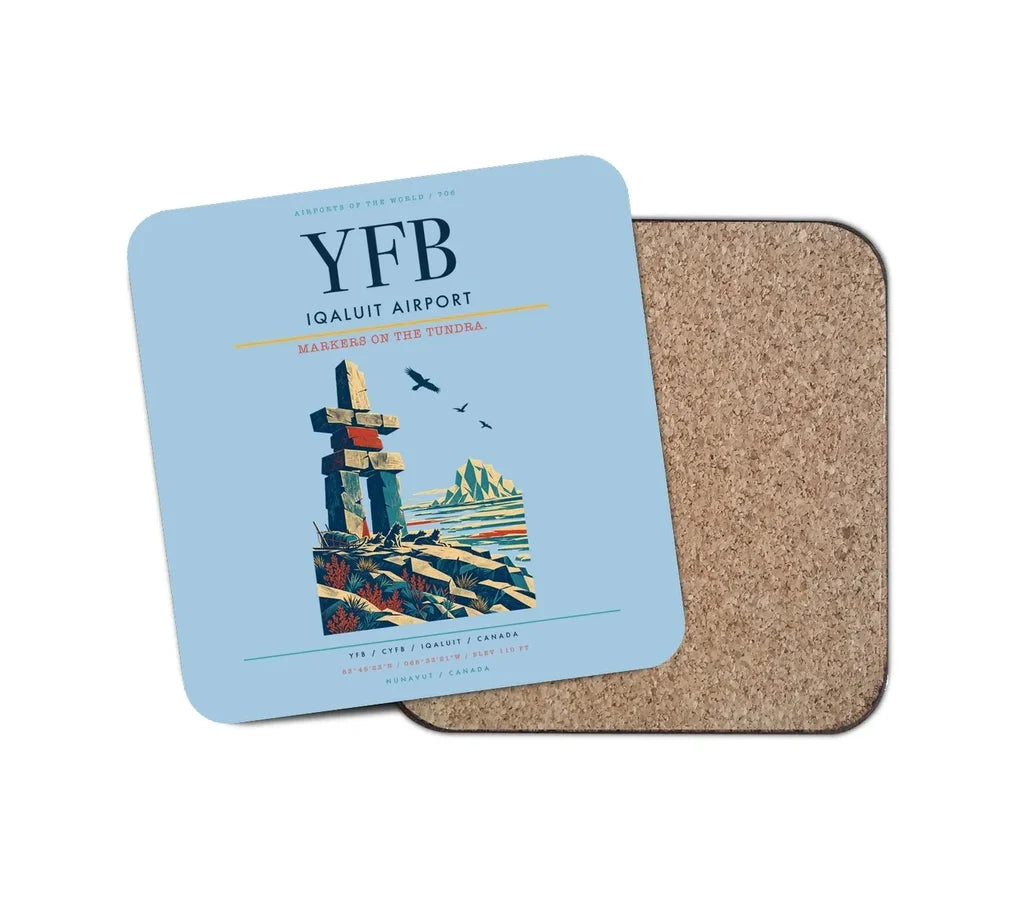 Iqaluit Airport (YFB) design on light blue 1 piece coaster