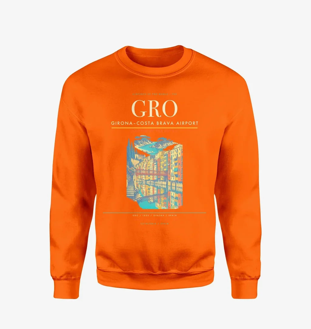 Girona–Costa Brava Airport (GRO) design on orange sweatshirt