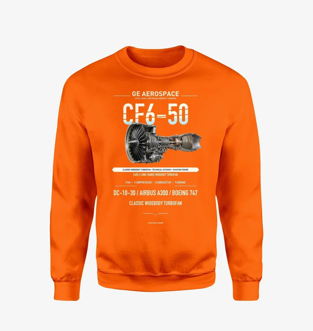 CF6-50 design on orange sweatshirt
