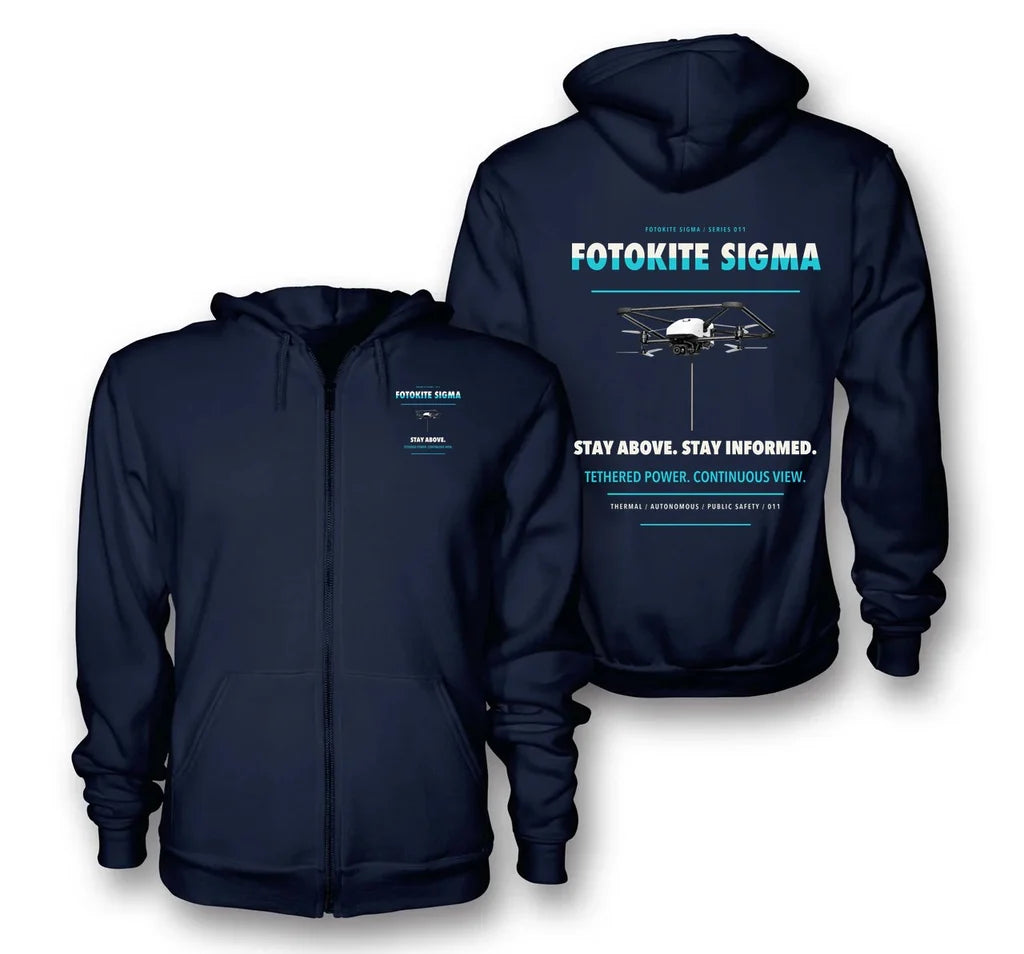 Fotokite Sigma design on navy blue zipped hoodie