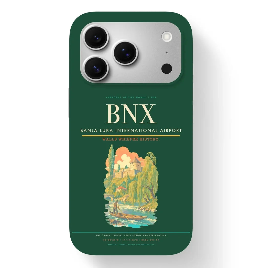 Banja Luka Airport (BNX) design on dark green iPhone 17 Pro MagSafe case