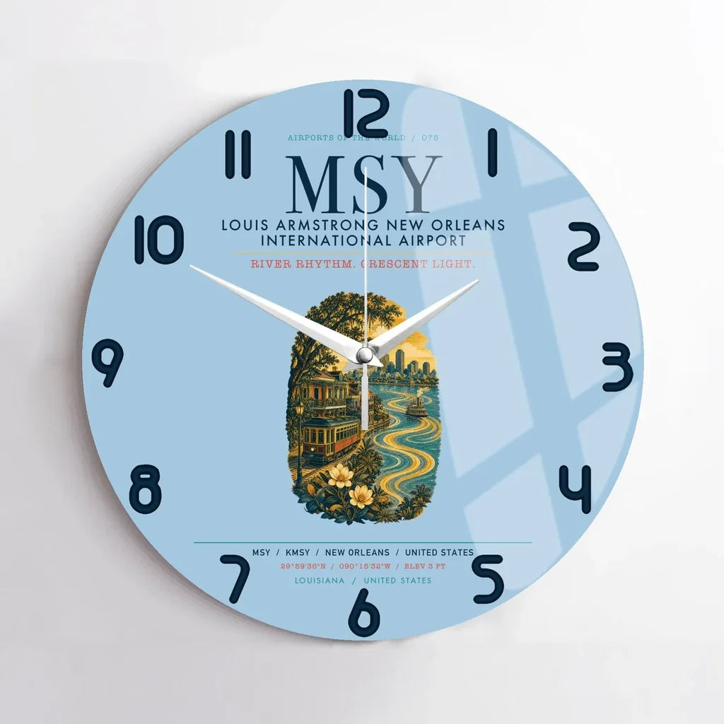 Louis Armstrong New Orleans International Airport (MSY) design on light blue no frame wall clock