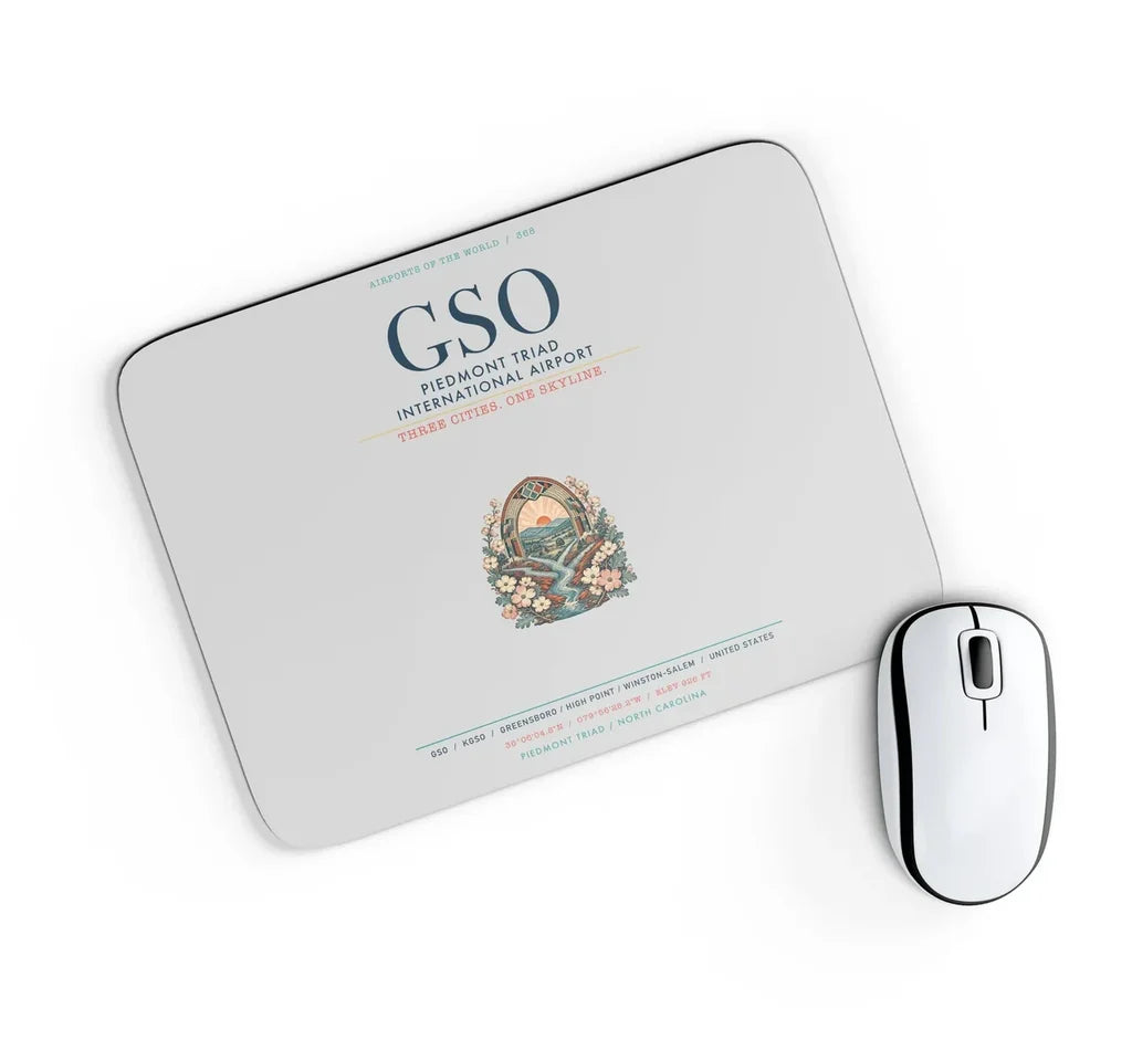 Piedmont Triad International Airport (GSO) design on light gray rectangle mouse pad