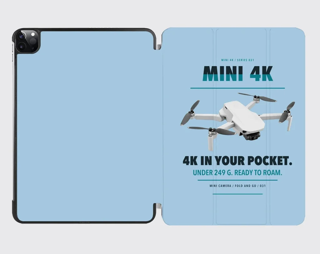 DJI Mini 4K design on light blue ipad tablet case