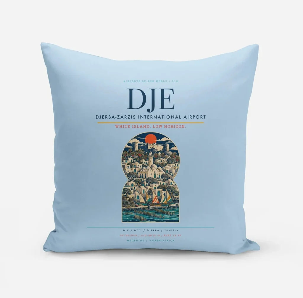 Djerba-Zarzis International Airport (DJE) design on light blue pillow