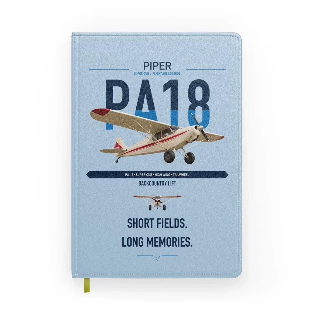 Piper PA-18 Super Cub design on light blue notebook